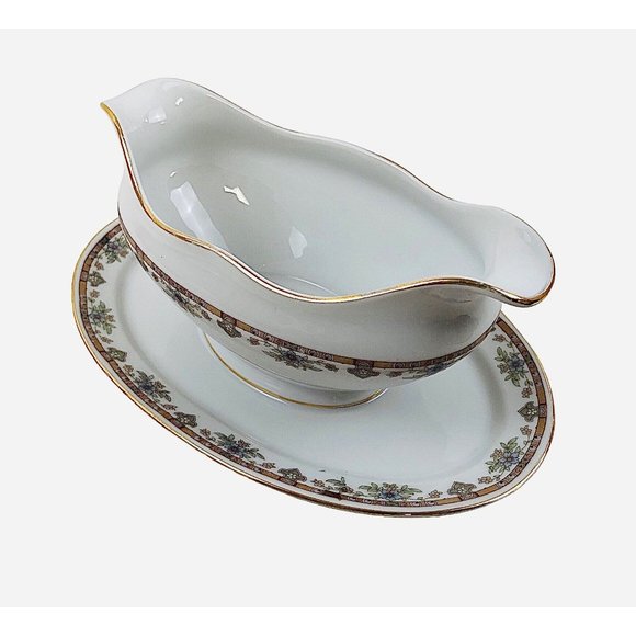 Royal Beyreuth Gravy Boat Bavaria Porcelain Gold Trim Floral Attached Underplate - Picture 4 of 9